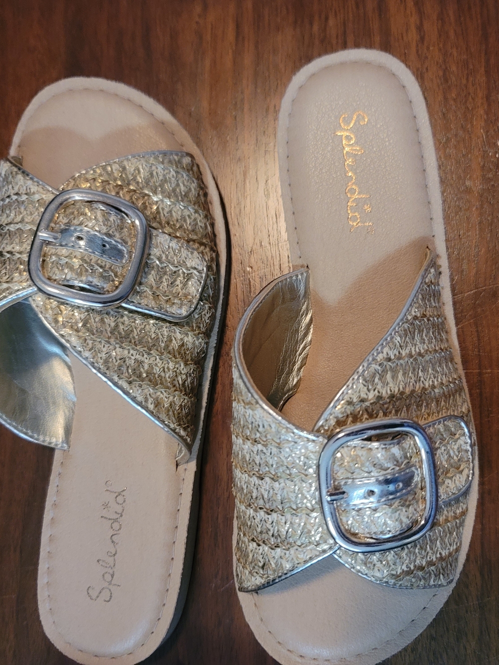 Splendid Metallic Gold Braided Slide Sandals with Buckle Accent